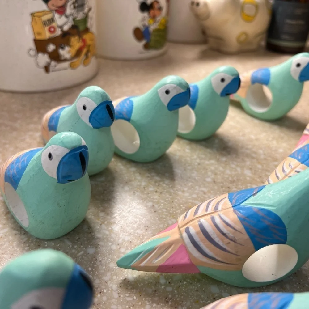 10 Parrot Napkin Ring Holders Wooden Teal, Pink and Blue Tropical